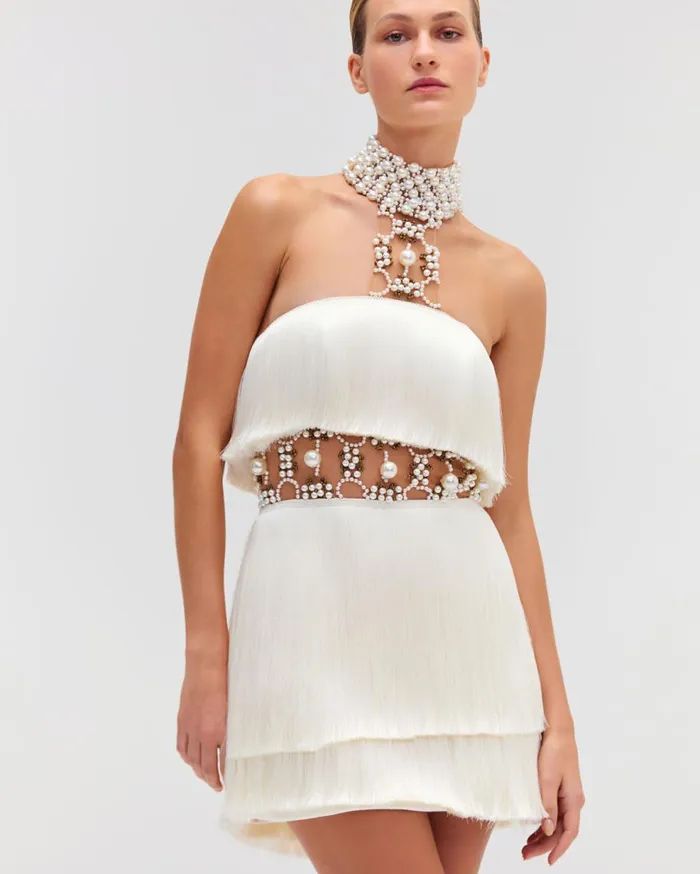Dresses and Jumpsuits Women Patbo Pearl And Fringe Halterneck Mini Dress White