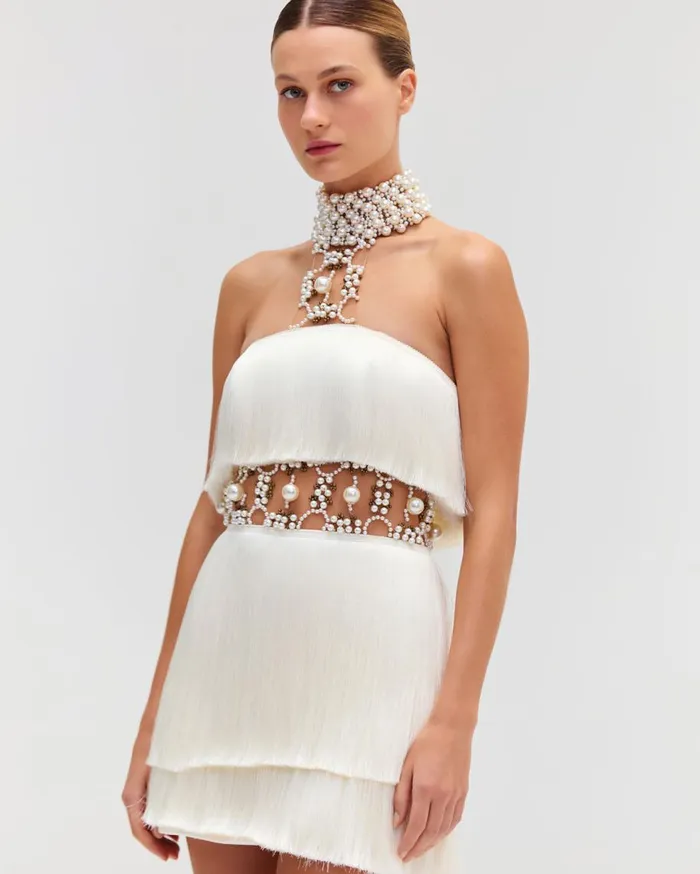 Dresses and Jumpsuits Women Patbo Pearl And Fringe Halterneck Mini Dress White