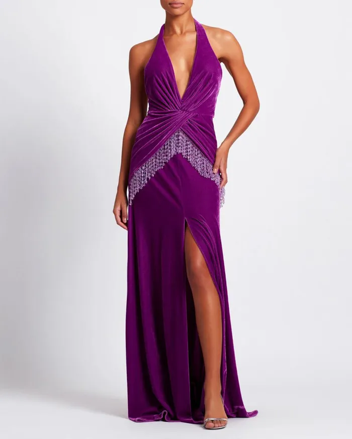 Dresses and Jumpsuits Women Patbo Plunge Velvet Maxi Dres With Beaded Fringe Purple