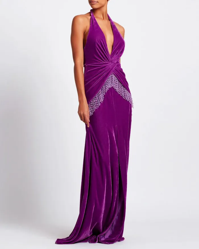 Dresses and Jumpsuits Women Patbo Plunge Velvet Maxi Dres With Beaded Fringe Purple