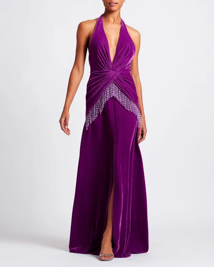 Dresses and Jumpsuits Women Patbo Plunge Velvet Maxi Dres With Beaded Fringe Purple