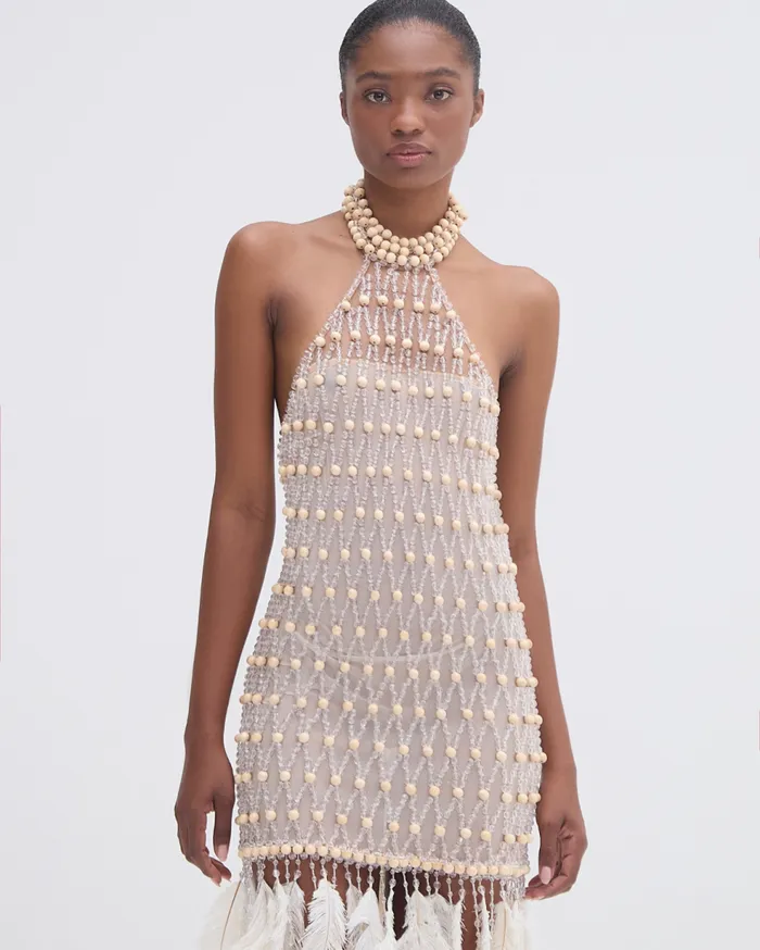 Dresses and Jumpsuits Women Patbo Wood And Crystal Beaded High Neck Mini Dress Natural Dresses and Jumpsuits Women Patbo Wood And Crystal Beaded High Neck Mini Dress Natural