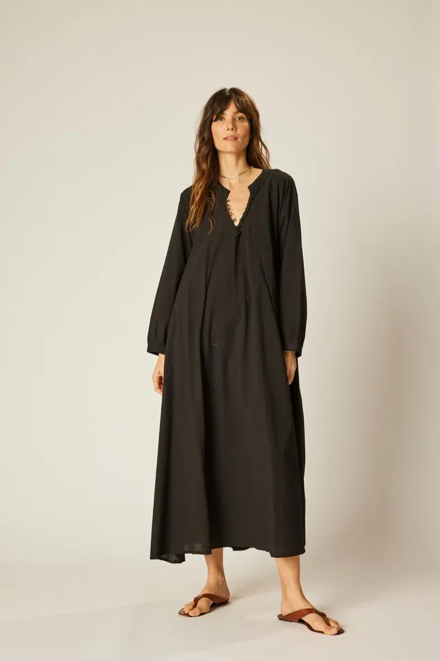 Fiore Maxi Black Flat Cotton Women Natalie Martin Dresses