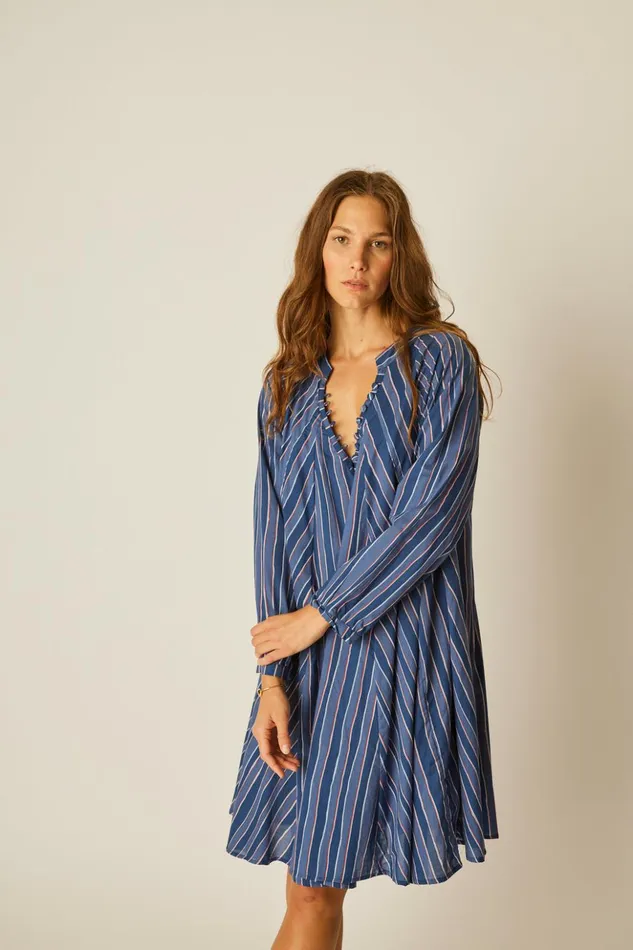 Fiore Short Dress Batik Stripe Navy Women Natalie Martin Dresses