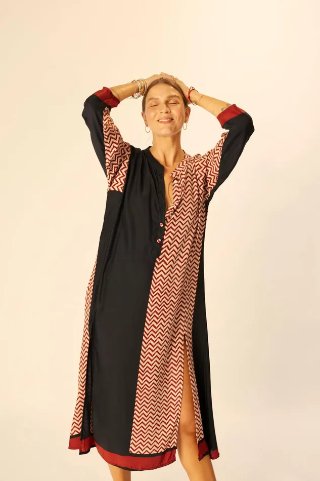 Isobel Dress Block Zigzag Noire Women Natalie Martin Coverups
