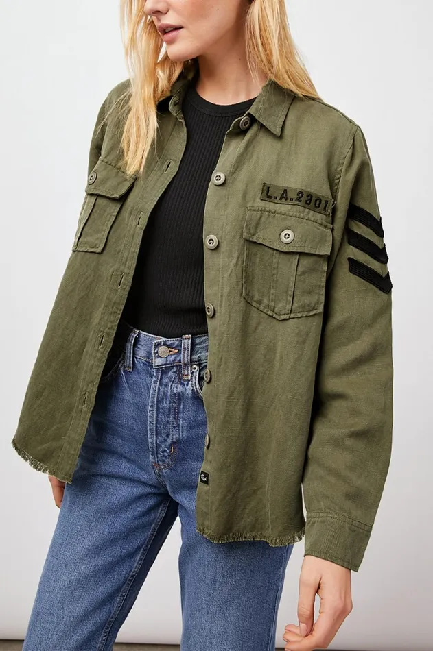 Jackets and Coats Women Rails Loren Shirt Jacket Olive Black Military Satin Patches