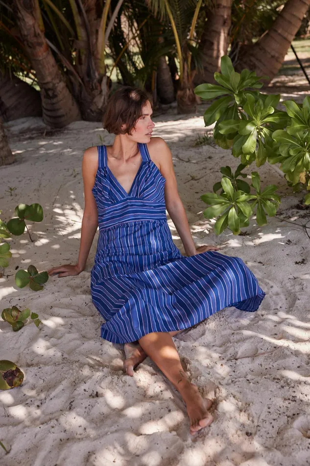 Jackie Dress Batik Stripe Navy Women Natalie Martin Dresses