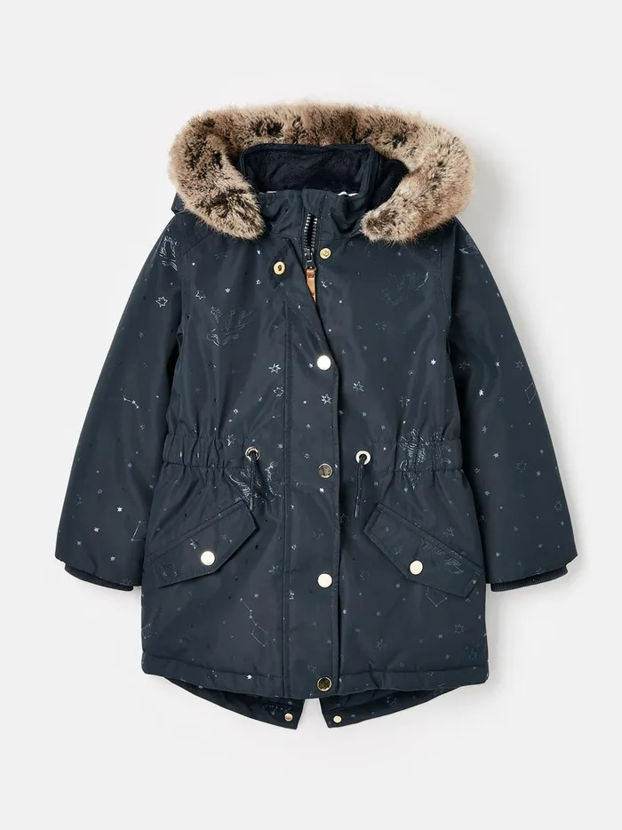 Joules Coats and Jackets Girls Navy Printed Waterproof Parka Coat