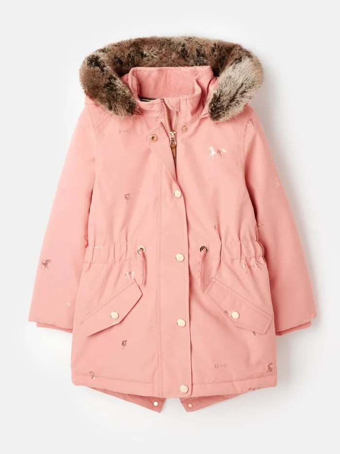Joules Coats and Jackets Girls Pink Printed Waterproof Parka Coat