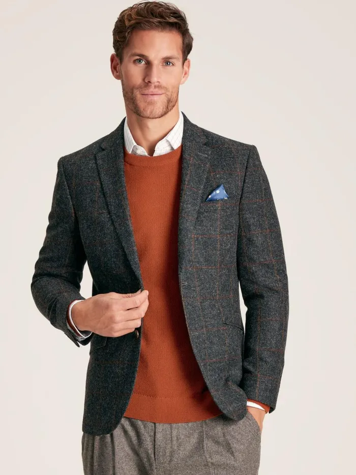 Joules Coats and Jackets Men Charcoal Grey Windowpane Check Wool Rich Blazer
