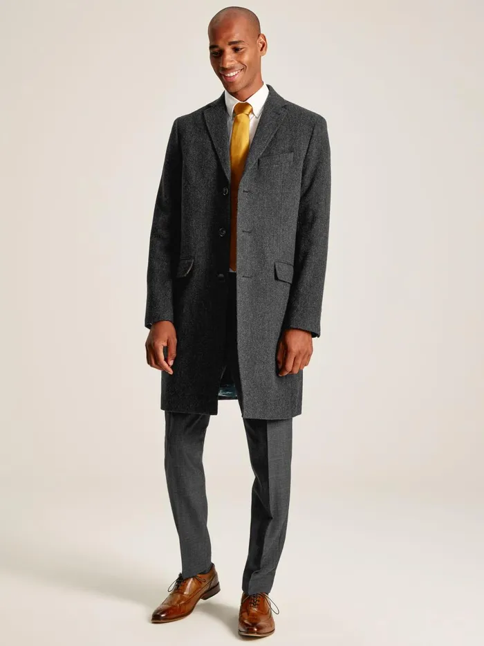 Joules Coats and Jackets Men Charcoal Grey Wool Rich Herringbone Epsom Coat