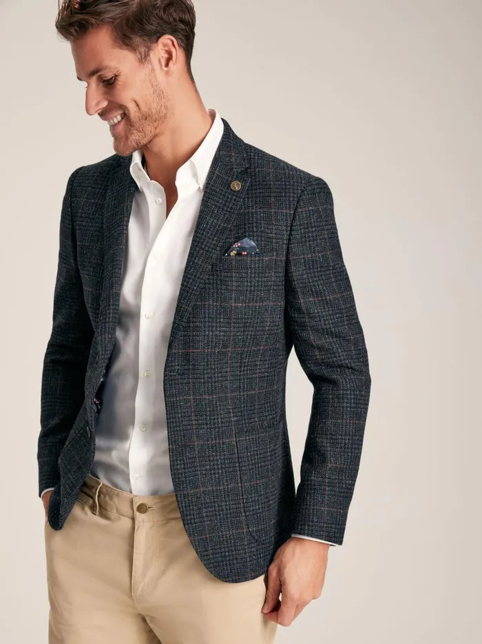 Joules Coats and Jackets Men Navy Blue Check Wool Rich Blazer