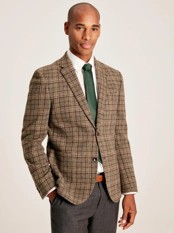 Joules Coats and Jackets Men Taupe Brown Check Wool Blazer