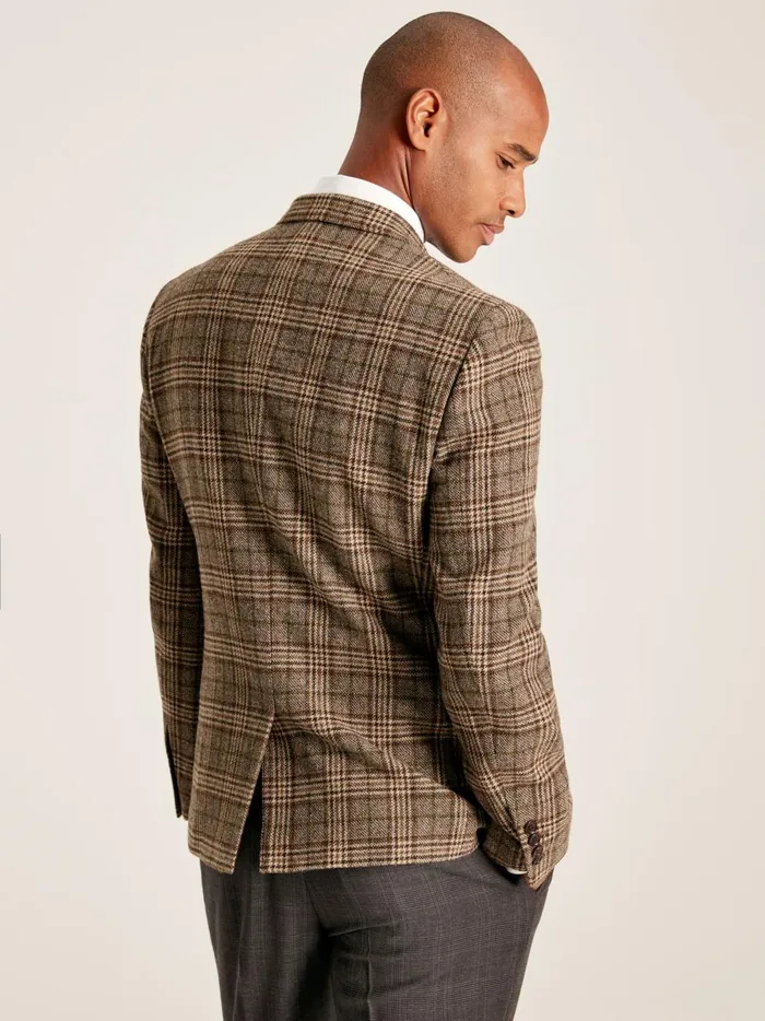 Joules Coats and Jackets Men Taupe Brown Check Wool Blazer