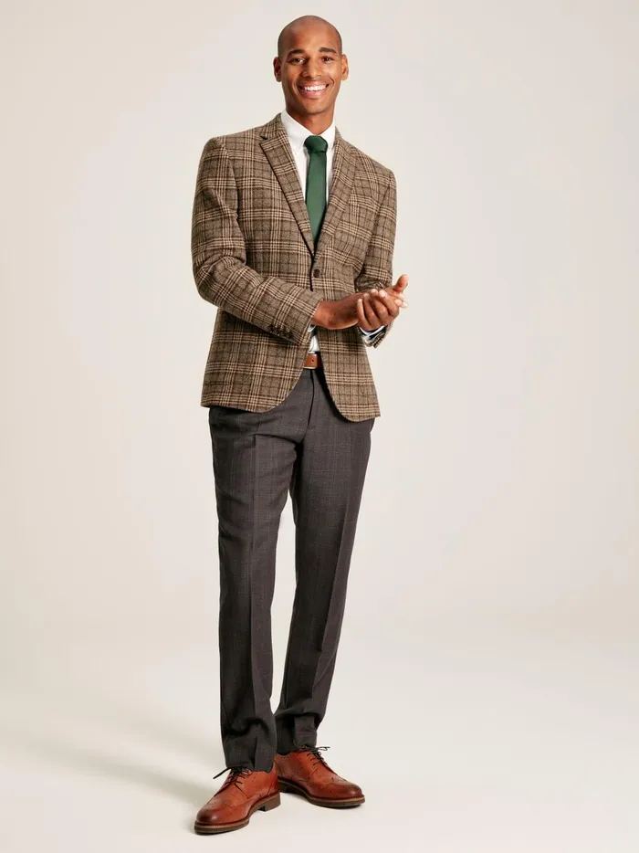 Joules Coats and Jackets Men Taupe Brown Check Wool Blazer