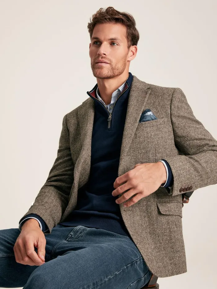 Joules Coats and Jackets Men Taupe Brown Wool Herringbone Blazer