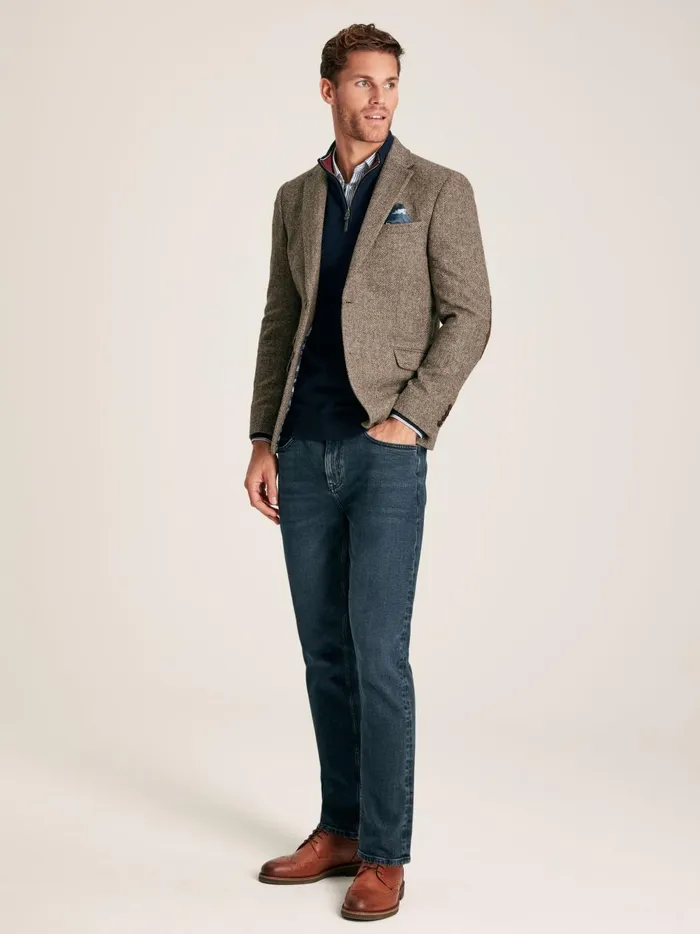 Joules Coats and Jackets Men Taupe Brown Wool Herringbone Blazer