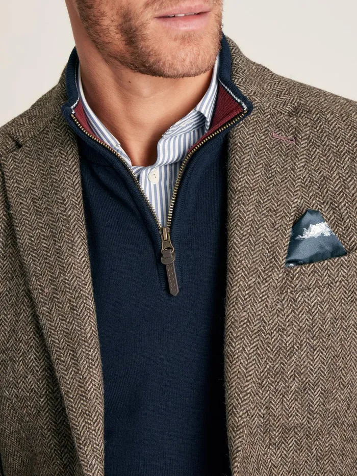Joules Coats and Jackets Men Taupe Brown Wool Herringbone Blazer