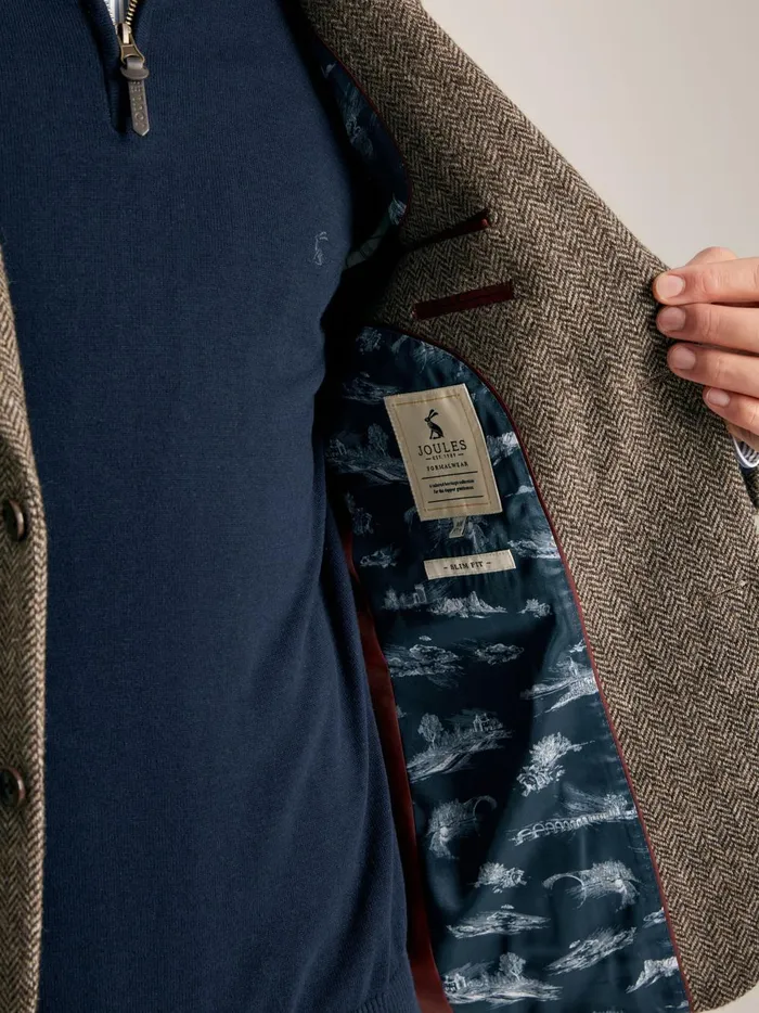Joules Coats and Jackets Men Taupe Brown Wool Herringbone Blazer
