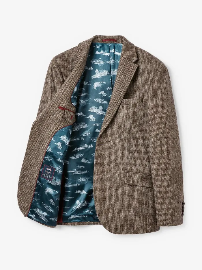 Joules Coats and Jackets Men Taupe Brown Wool Herringbone Blazer