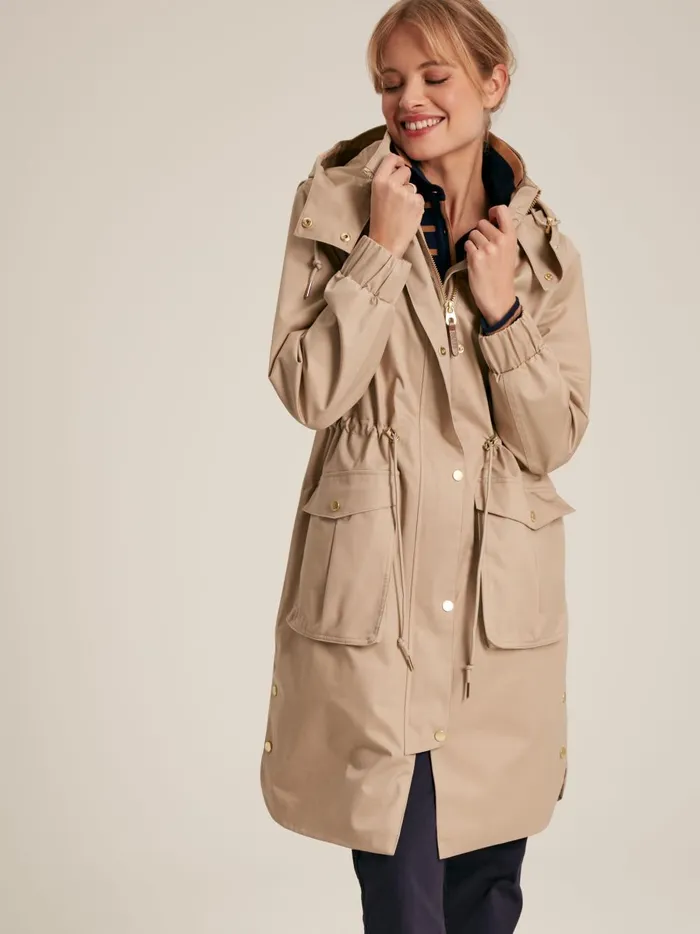 Joules Coats and Jackets Women Beige Waterproof Long Raincoat With Hood