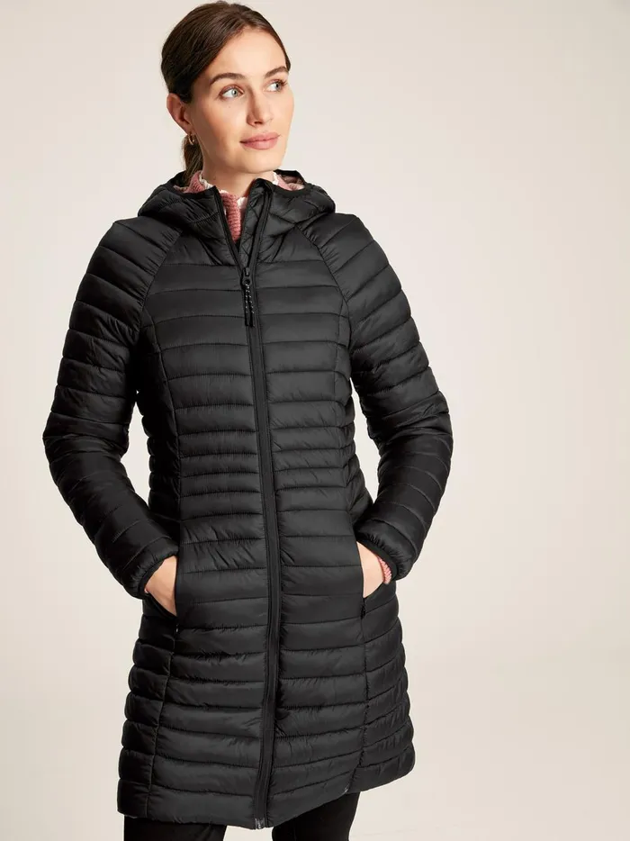 Joules Coats and Jackets Women Black Showerproof Long Packable Padded Coat