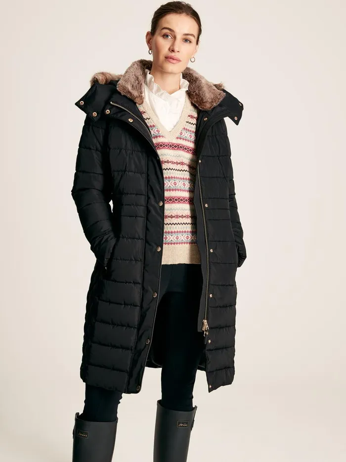 Joules Coats and Jackets Women Black Showerproof Longline Padded Coat