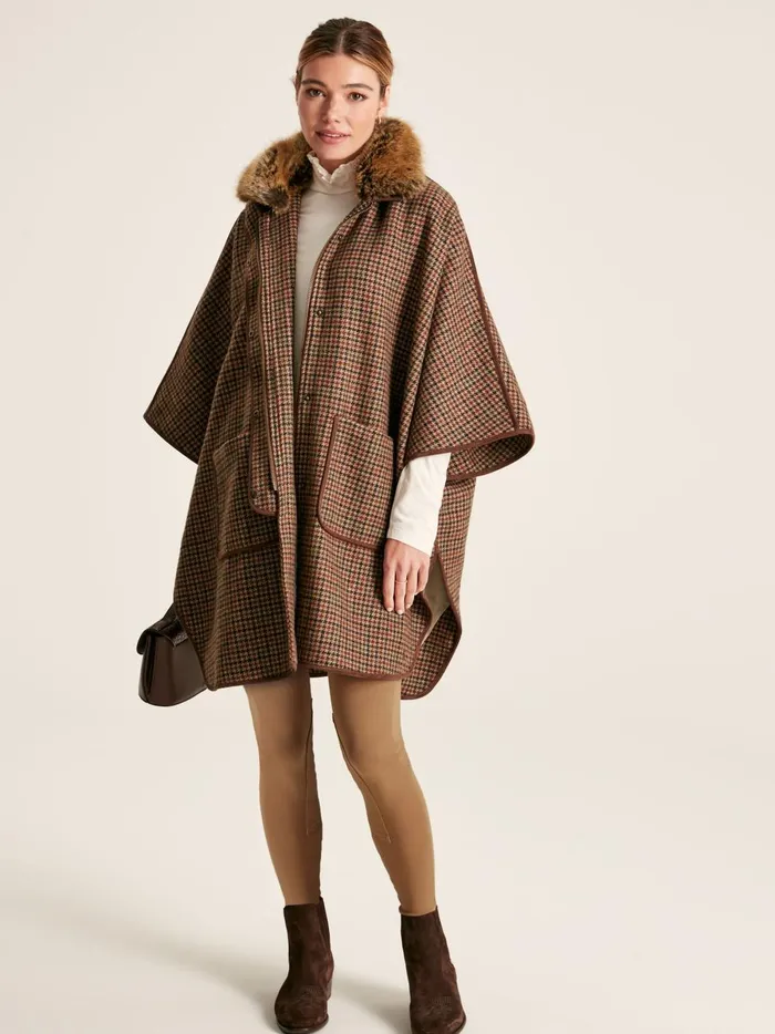 Joules Coats and Jackets Women Brown Tweed Cape With Removable Fur Trim