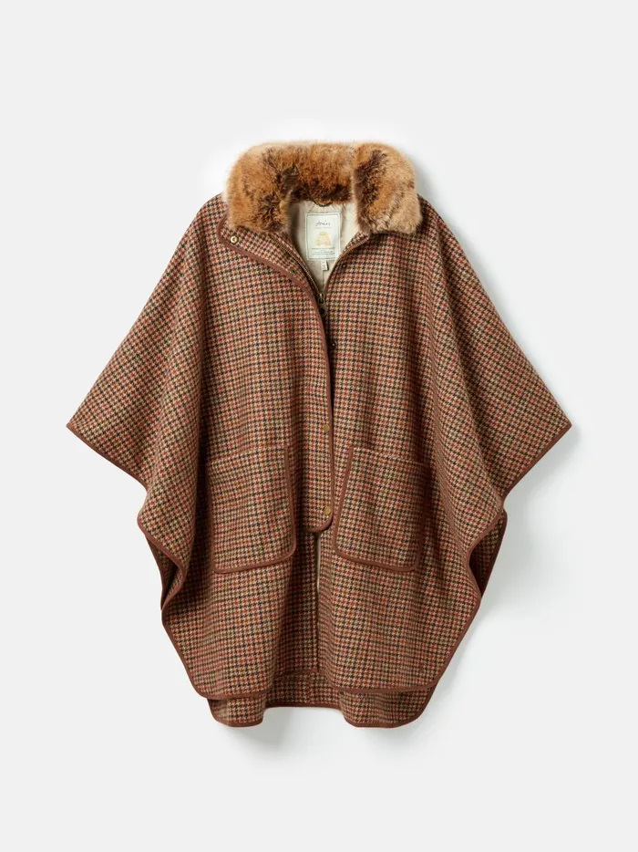 Joules Coats and Jackets Women Brown Tweed Cape With Removable Fur Trim