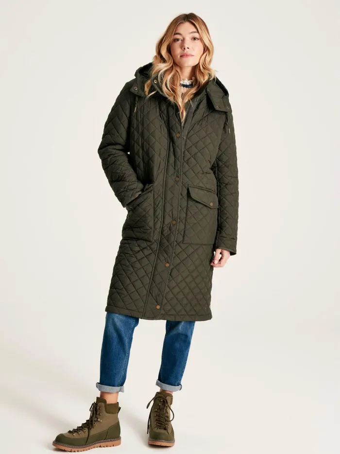 Joules Coats and Jackets Women Green Showerproof Long Diamond Quilted Coat With Hood Joules Coats and Jackets Women Green Showerproof Long Diamond Quilted Coat With Hood