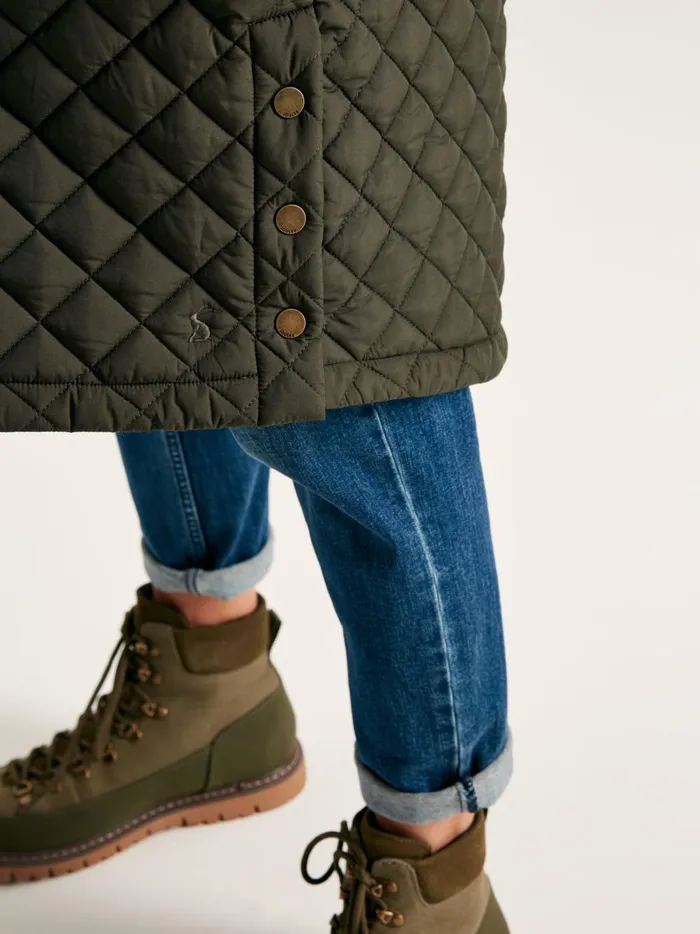 Joules Coats and Jackets Women Green Showerproof Long Diamond Quilted Coat With Hood