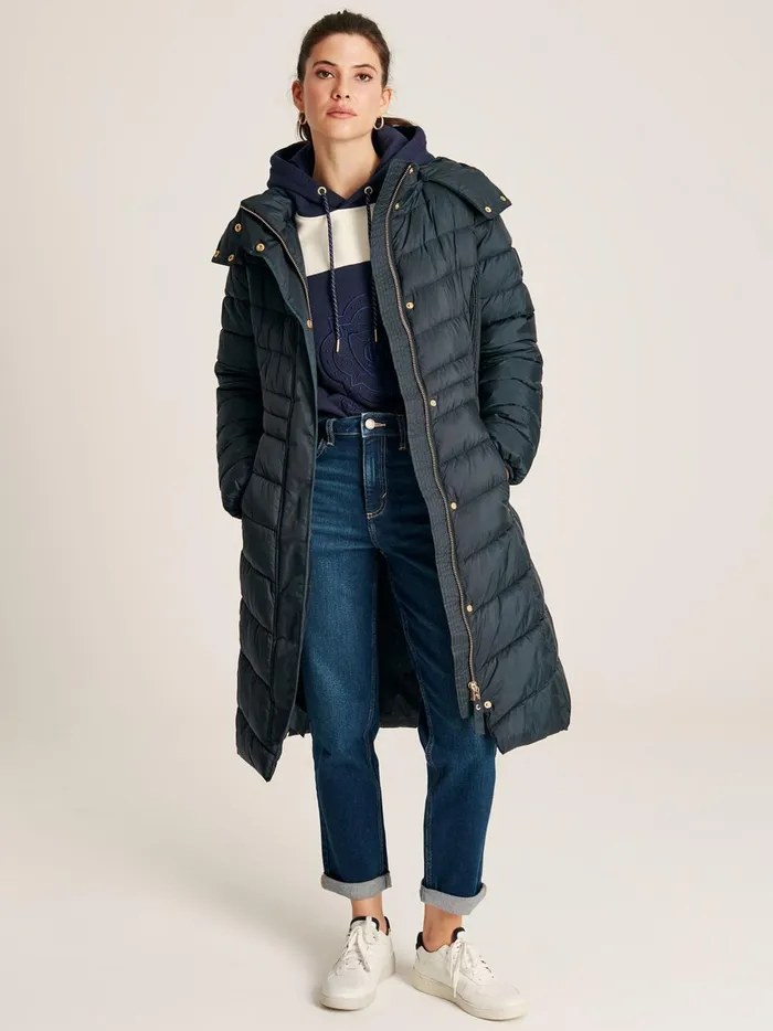 Joules Coats and Jackets Women Navy Blue Showerproof Long Padded Coat With Hood