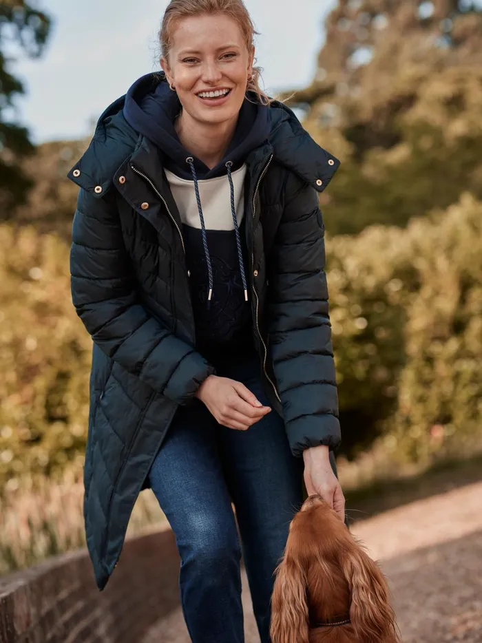 Joules Coats and Jackets Women Navy Blue Showerproof Long Padded Coat With Hood