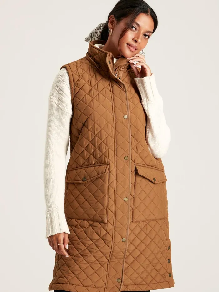 Joules Coats and Jackets Women Rust Brown Showerproof Long Diamond Quilted Gilet With Hood Joules Coats and Jackets Women Rust Brown Showerproof Long Diamond Quilted Gilet With Hood