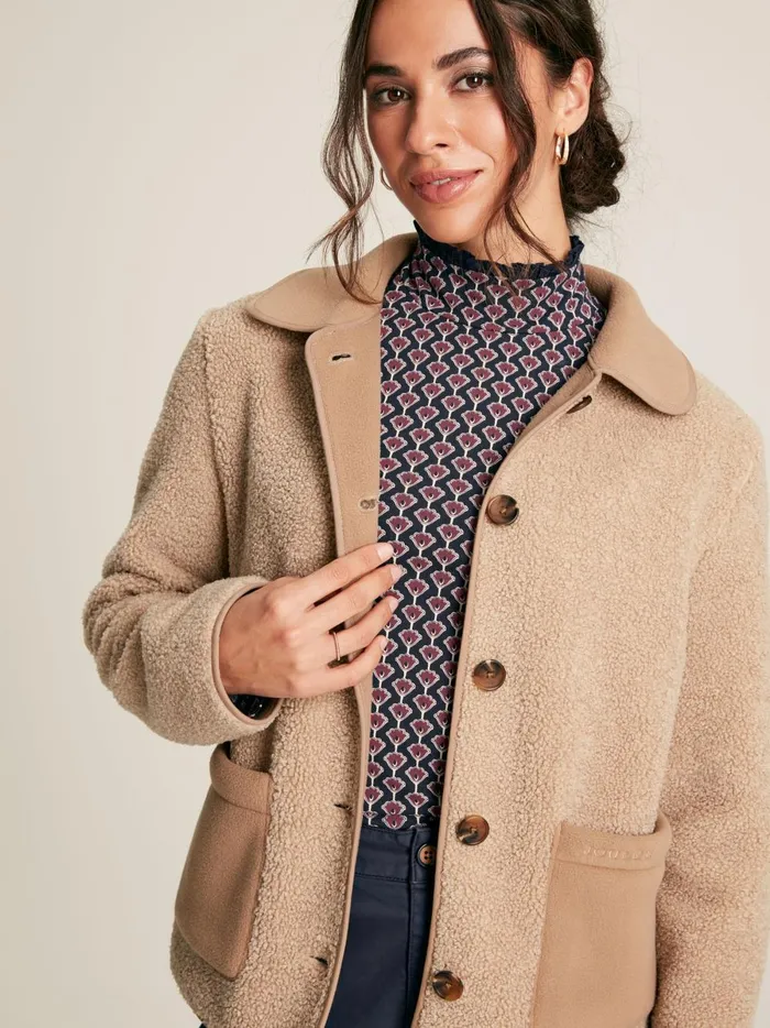 Joules Coats and Jackets Women Tan Brown Button Up Borg Fleece Jacket