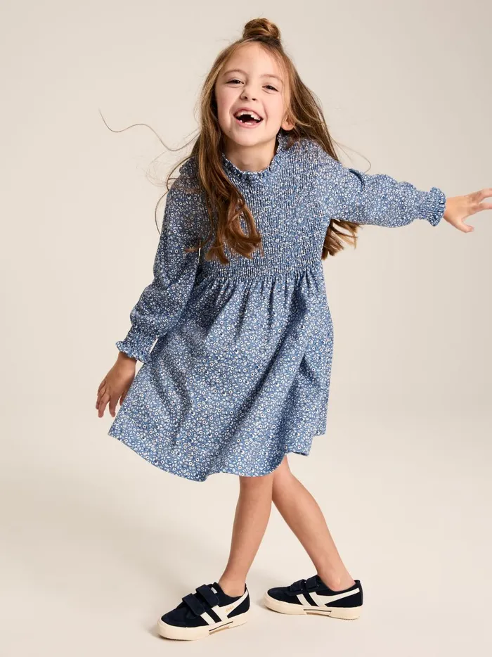 Joules Dresses Girls Blue Shirred Printed Dress