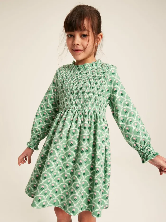 Joules Dresses Girls Green Cotton Shirred Floral Dress