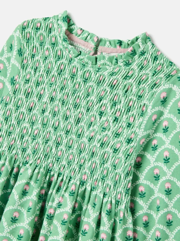 Joules Dresses Girls Green Cotton Shirred Floral Dress