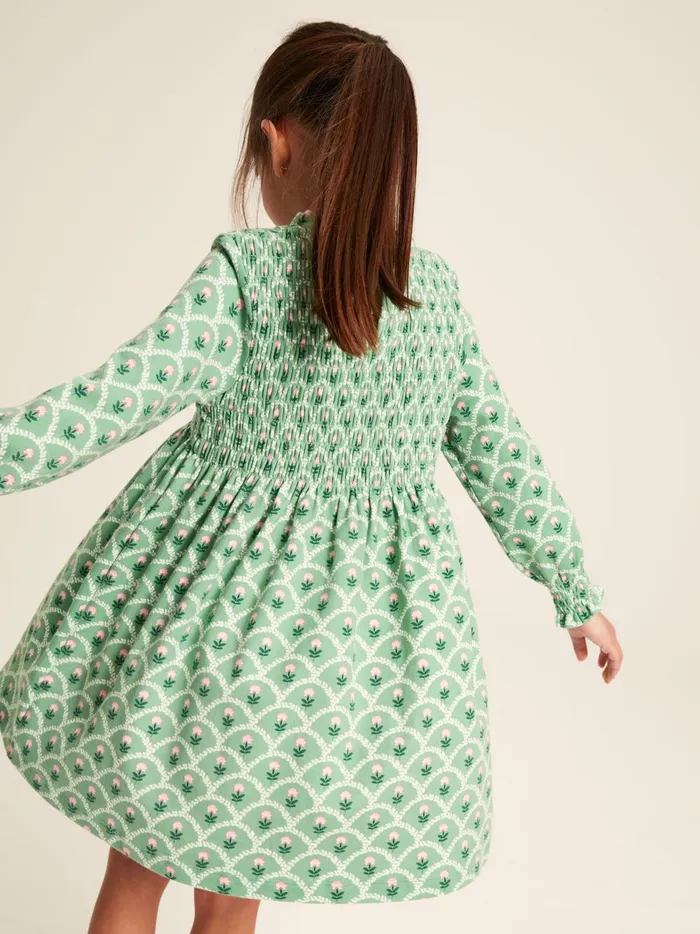Joules Dresses Girls Green Cotton Shirred Floral Dress