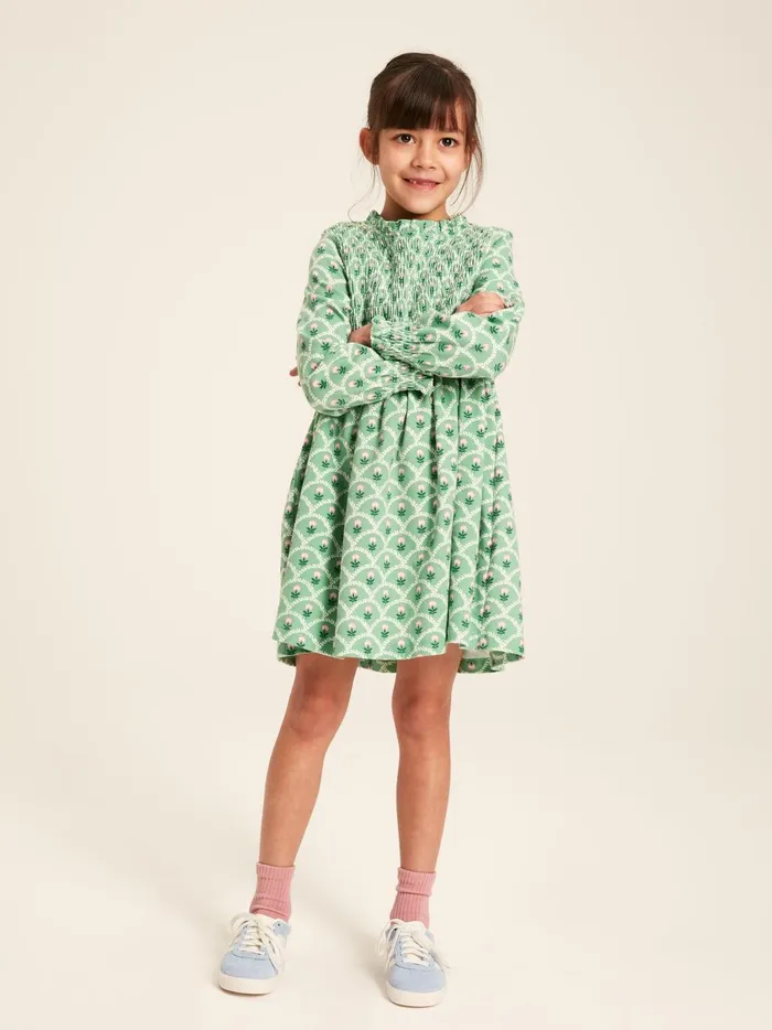 Joules Dresses Girls Green Cotton Shirred Floral Dress