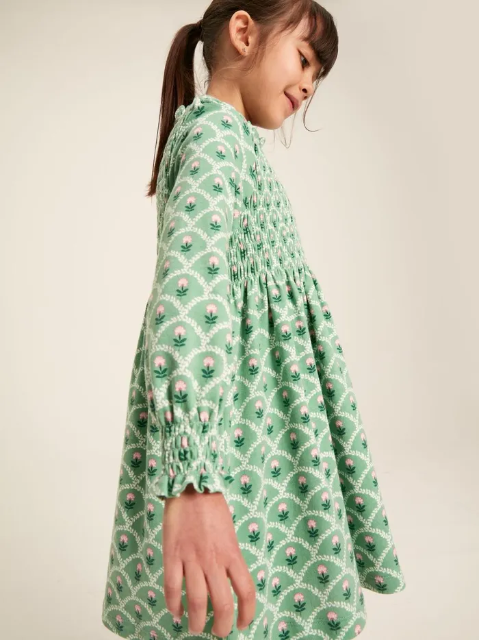 Joules Dresses Girls Green Cotton Shirred Floral Dress