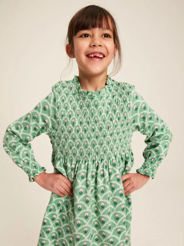 Joules Dresses Girls Green Cotton Shirred Floral Dress