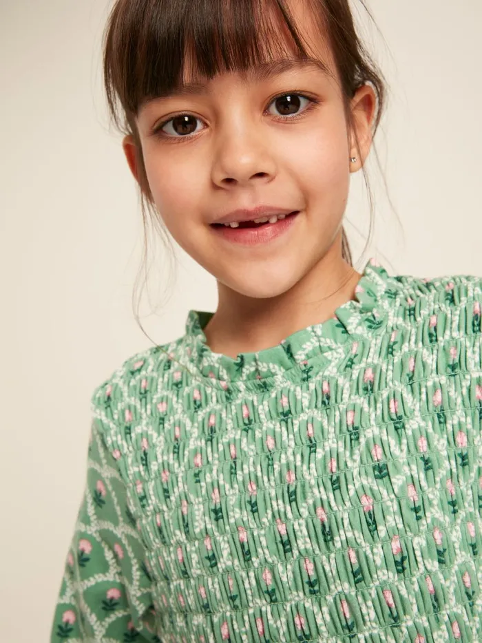 Joules Dresses Girls Green Cotton Shirred Floral Dress