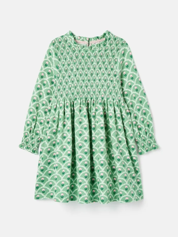 Joules Dresses Girls Green Cotton Shirred Floral Dress