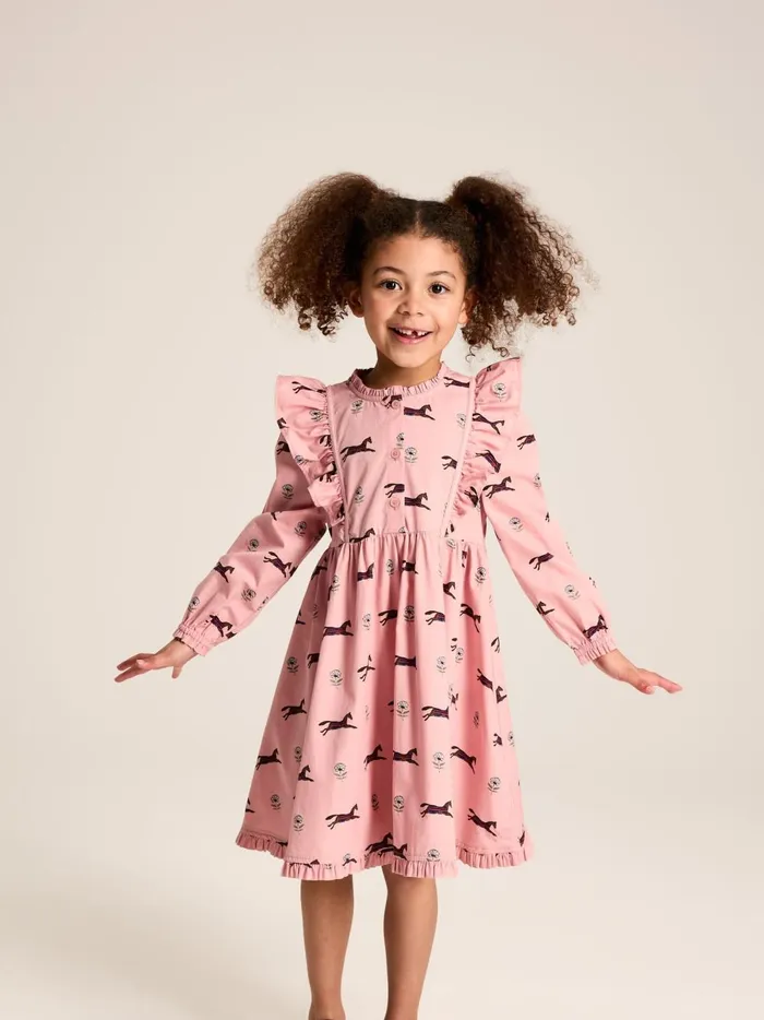 Joules Dresses Girls Pink Horse Print Long Sleeve Frilled Dress