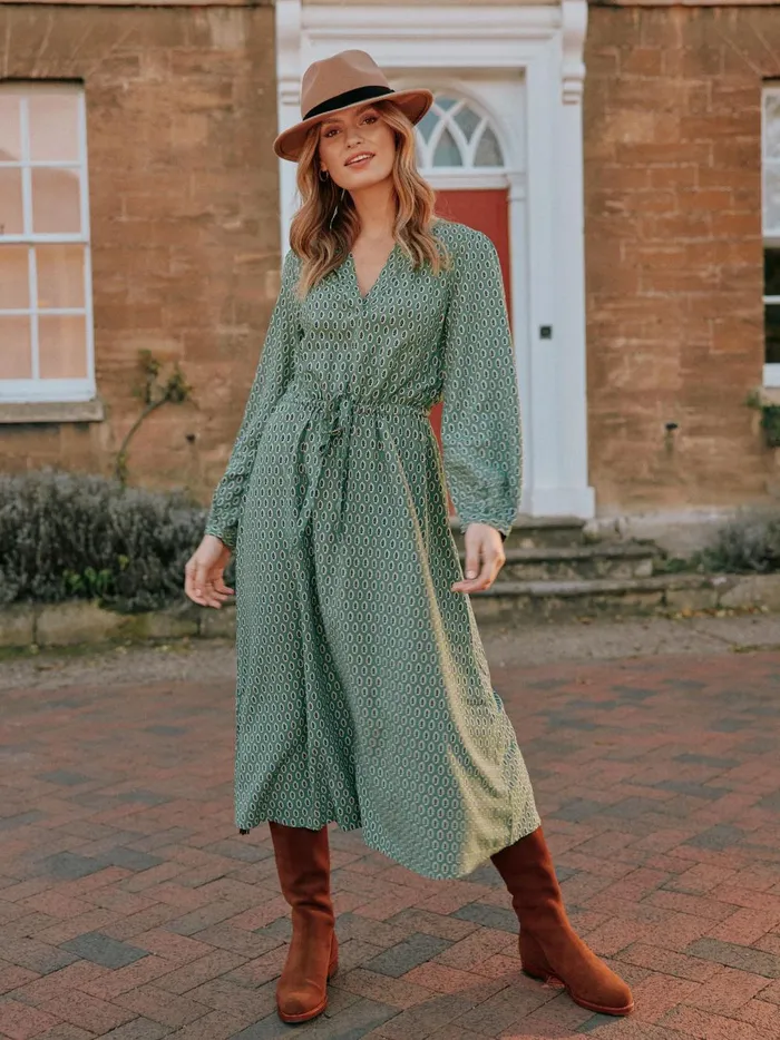 Joules Dresses Women Green Long Sleeve Belted Midi Dress