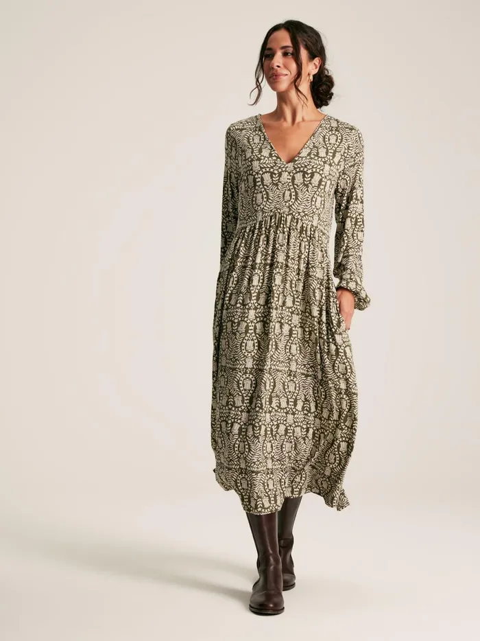 Joules Dresses Women Green Printed Long Sleeve Midaxi Dress With Pockets