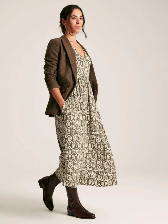 Joules Dresses Women Green Printed Long Sleeve Midaxi Dress With Pockets