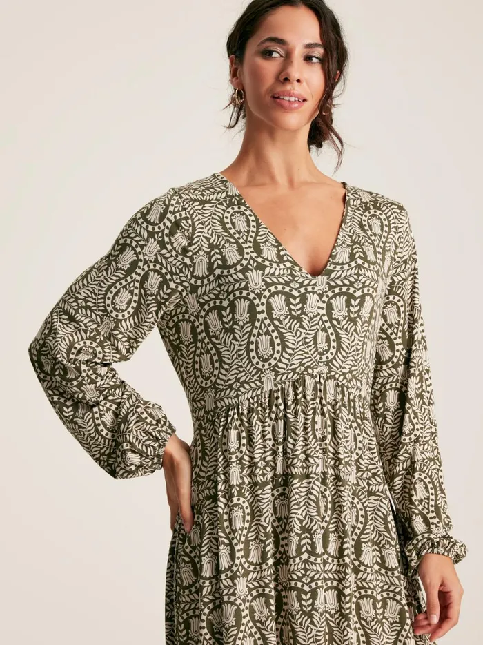 Joules Dresses Women Green Printed Long Sleeve Midaxi Dress With Pockets