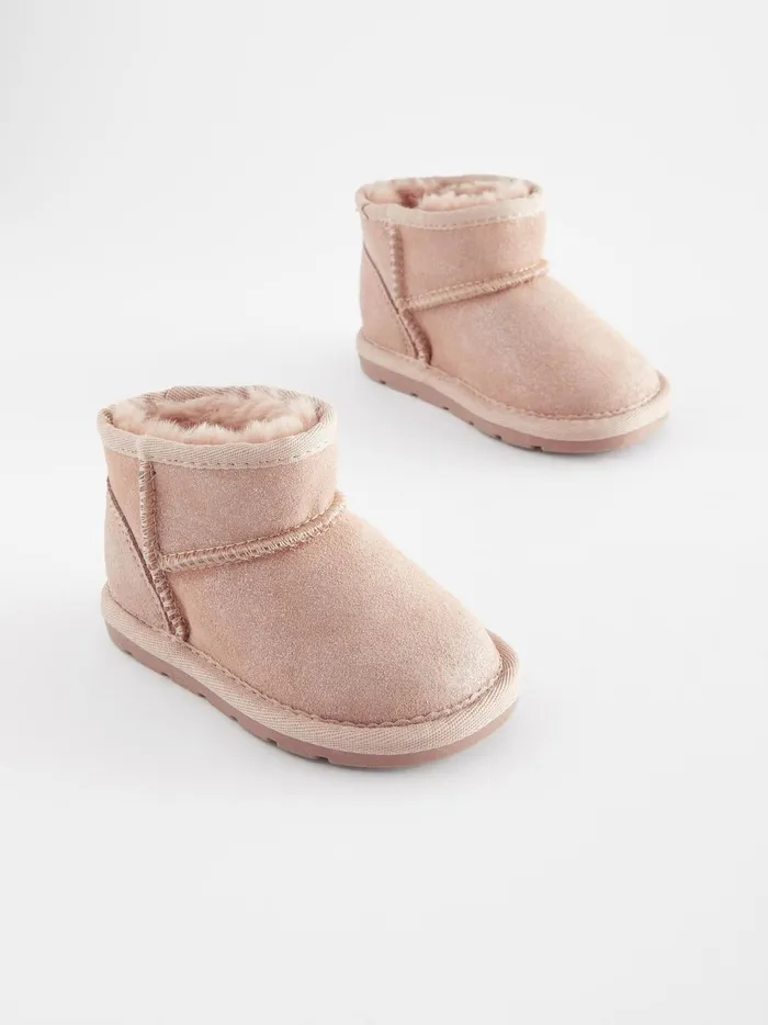 Joules Footwear Girls Next Pink Shimmer Suede Faux Fur Lined Water Repellent PullOn Suede Boots